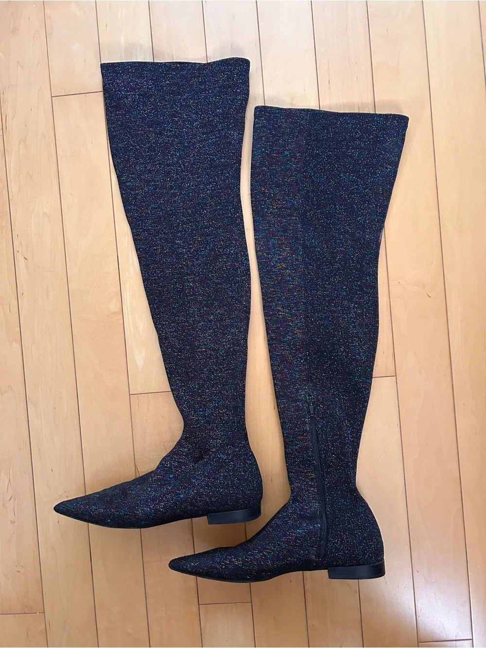 Zara Black Glitter Over-the-Knee Flat Boots